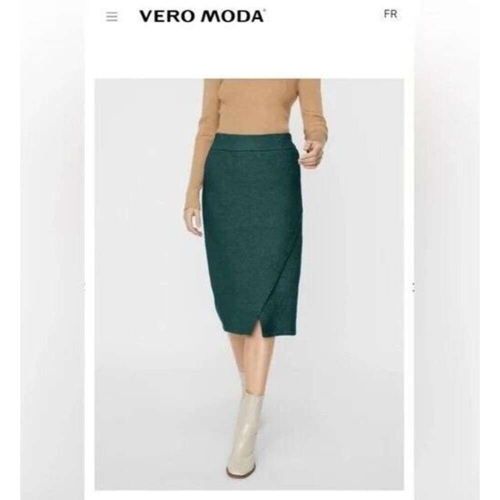 Vero Moda Women Knit Asymmetric Split Slit Hem Green Midi Pencil Skirt Small NWT